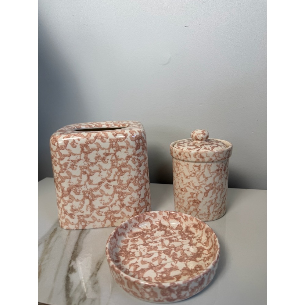 Pink and White Spongeware Ceramic‎ Tissue Box Cover Canister and Dish Set